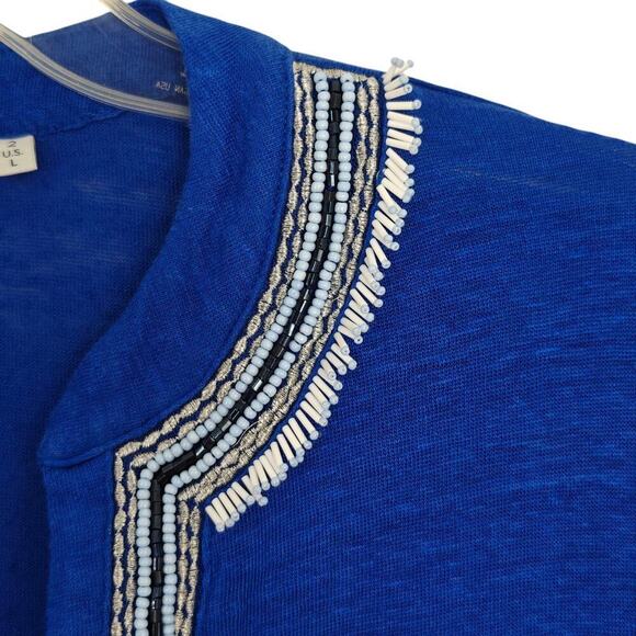 Chico's Stretch Linen Embellished Tunic Top Size Large /2 Blue Knit 3/4 Sleeve - Picture 3 of 10
